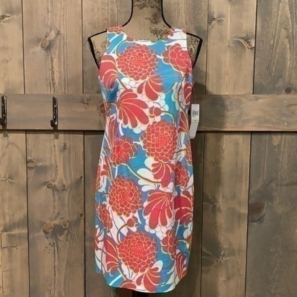London Times aqua pink white tropical floral sleeveless sundress shift dress  4 - Picture 2 of 12